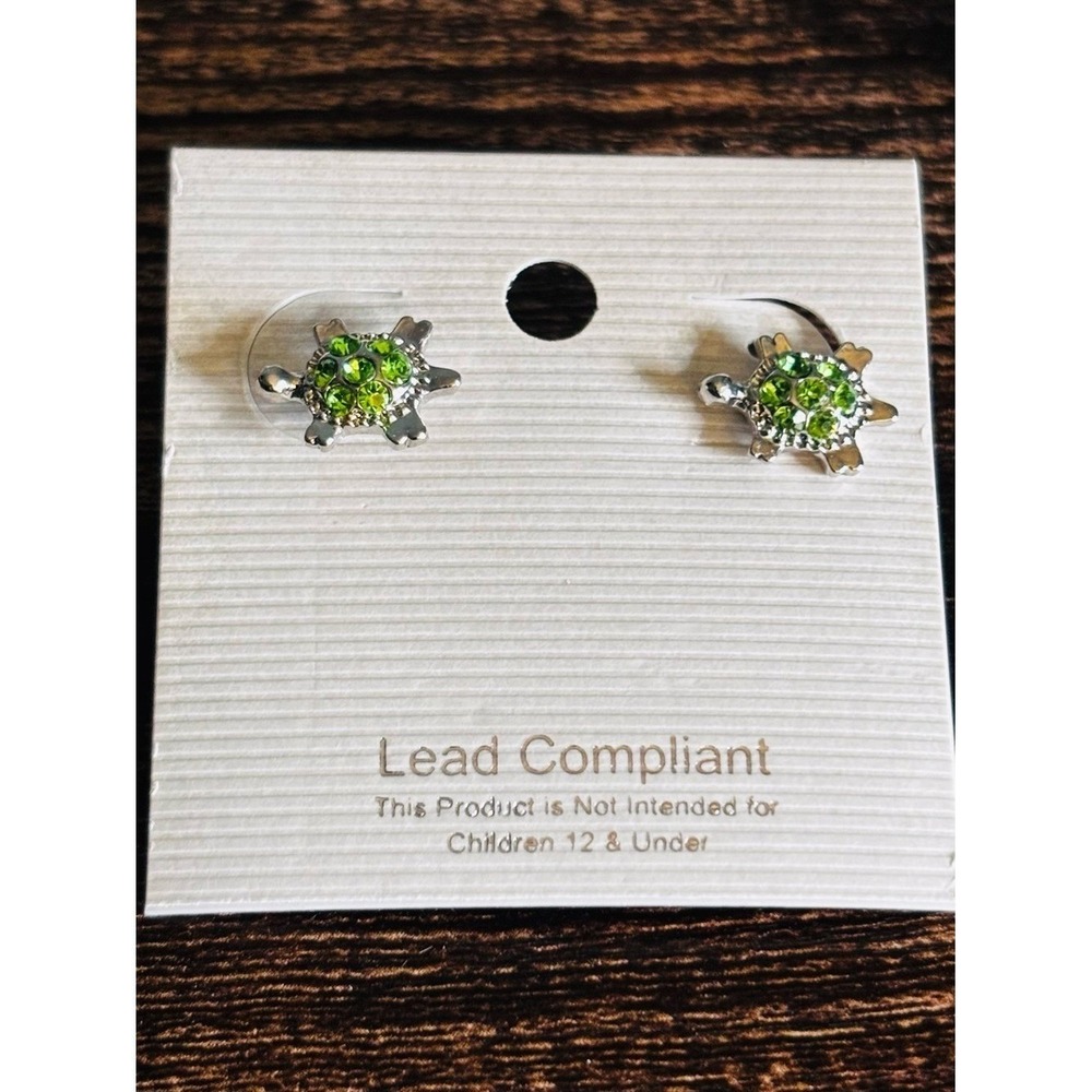 Silver Tone Green Rhinestone Turtle Stud Earrings Sea Animal Jewelry New